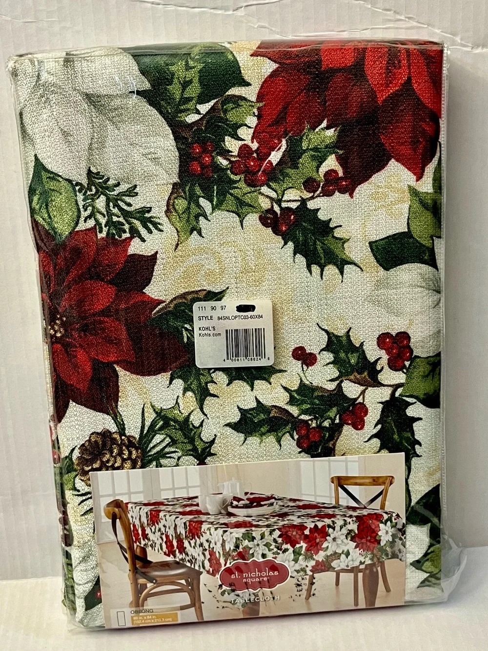 St. Nicholas Square Christmas Tablecloth Oblong 60x84 NWT Poinsettia Holly